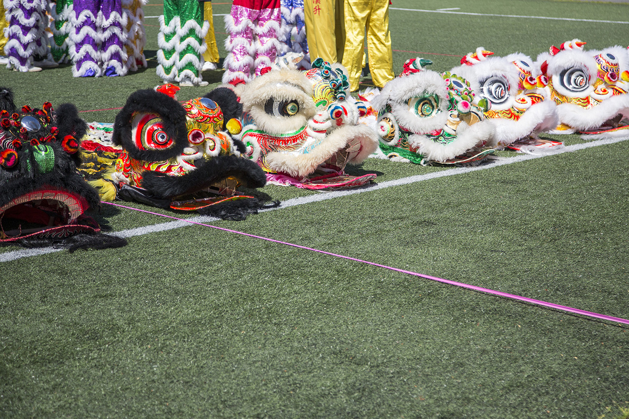 Lion dance heads on green turf (credit Clare Yow)