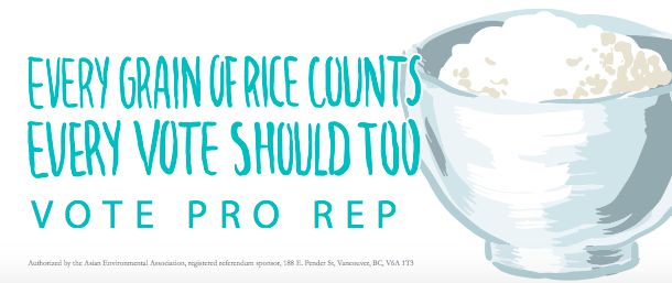 Pro Rep flyer that says "Every grain of rice counts. Every vote should too. Vote Pro Rep." with an illustration of a bowl of rice.